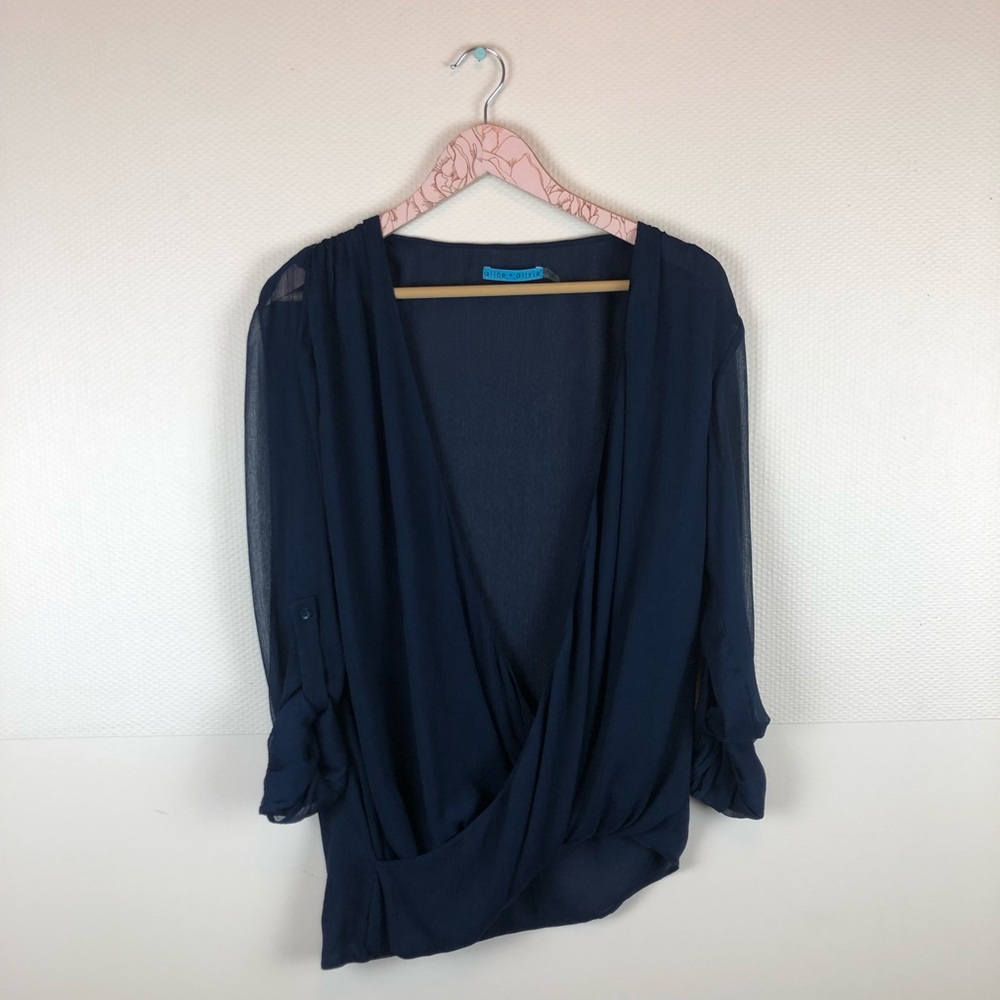 Alice + Olivia Navy Blue Sheer Cross Front Blouse